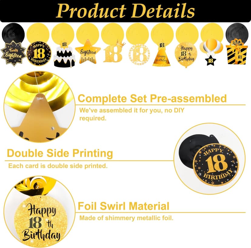Black&Gold 18th Birthday Decorations for Boys Girls Happy 18th Birthday Decorations for Men Women Pre-Strung Time to Adult Banner and Hanging Swirls 18 Years Old Party Supplies