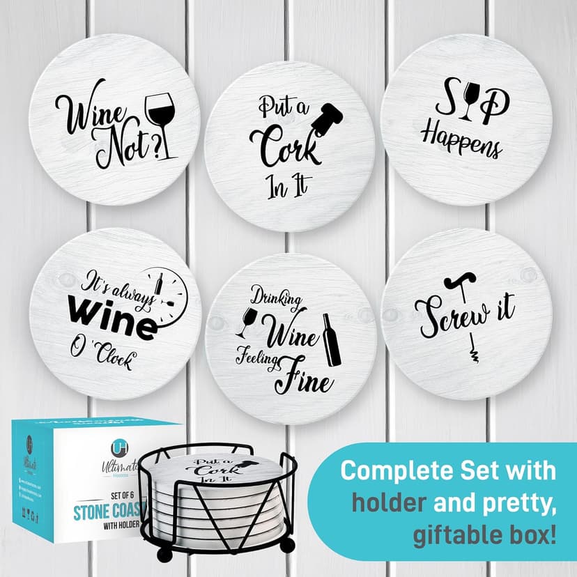 Coasters for Drinks Absorbents with Holder - 6 Pcs Gift Set with 6 Funny Sayings for Wine Lovers - Ceramic Stone with Corked Back, Unique Present for Housewarming, Living Room Decor