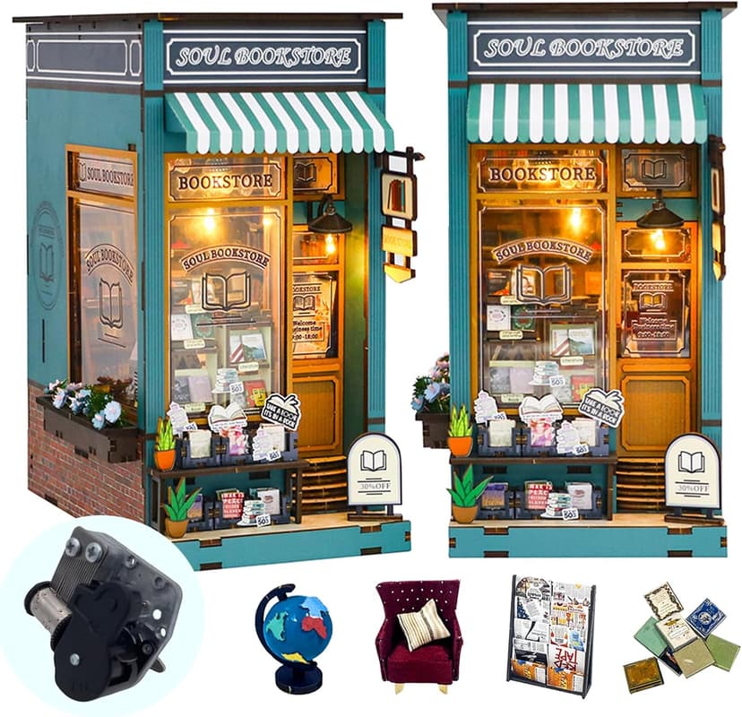 DIY Book Nook Kit with Music Box, Wooden 3D Puzzle Dollhouse with LED, Miniature House Kit Bookends for Adult and Teen, Bookshelf Decor, Creative Gift for Friends and Family. Soul Bookstore