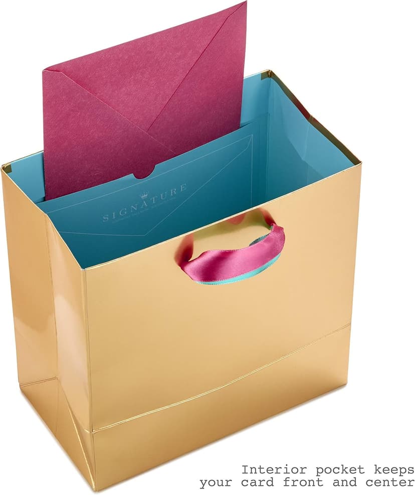 Hallmark Signature 7" Medium Gift Bag with Tissue Paper (Hooray; Gold with Pink, Teal, Purple Confetti) for Bridal Showers, Graduations, Retirements and More