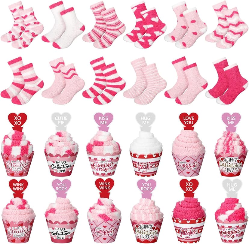 Ramede 12 Set Valentine's Day Cupcake Socks for Women Pink Fuzzy Fluffy Socks Galentine's Day Present for DIY Valentines Birthday Friendship Gift