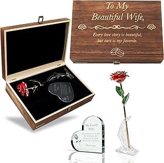Anniversary for Wife Engraved Wooden Gift Set 'To My Beautiful Wife' Includes Crystal Engraved Heart 24K Gold Dipped Rose for Birthday Gifts