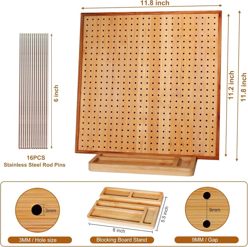 HHSarioneiro 11.8" Crochet Blocking Board with 16 Pins/Pegs, Granny Square Blocking Boards for Crochet Projects, Wooden Crocheting Accessories Gifts for Crocheters