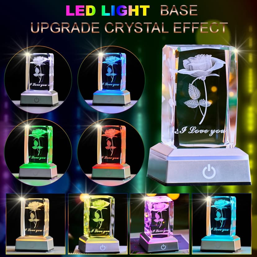 3D Rose Crystal Night Lamp with Adjustable LED Lights - I Love You, Mothers Day Gifts Ideas for Mom Valentines Day, Anniversary, Birthday Gift for Her, Wife, Girlfriend