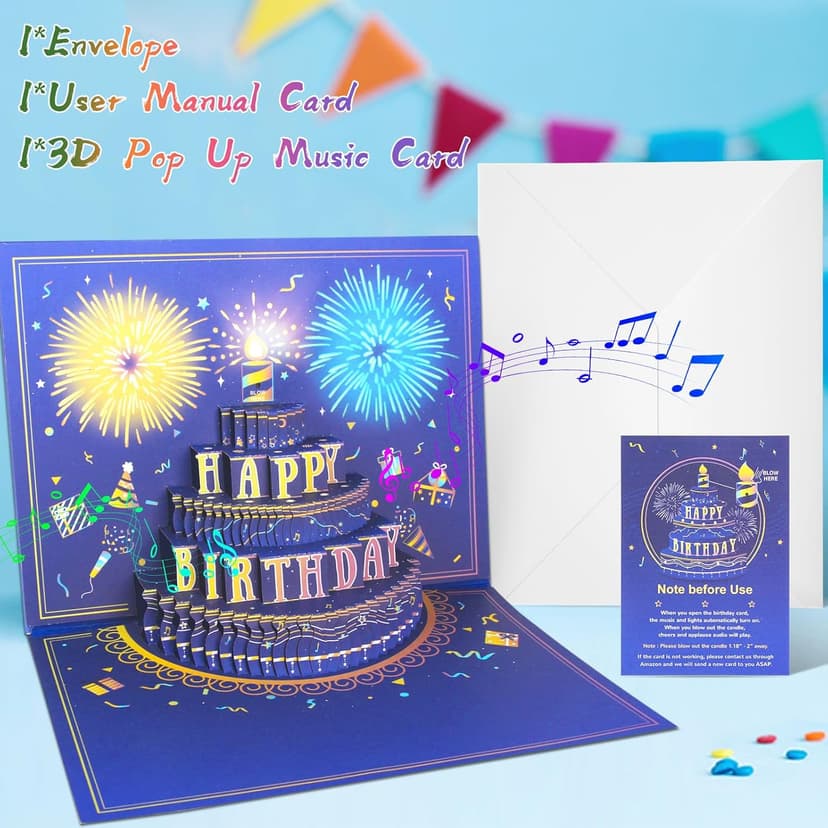 UPGRADED 3D Pop Up Firework Birthday Cards, Musical LED Lights Birthday Cards with Blowable Birthday Cake, Greeting Cards, Birthday Gifts for Mom Women Men Kids Child Dad Father Wife