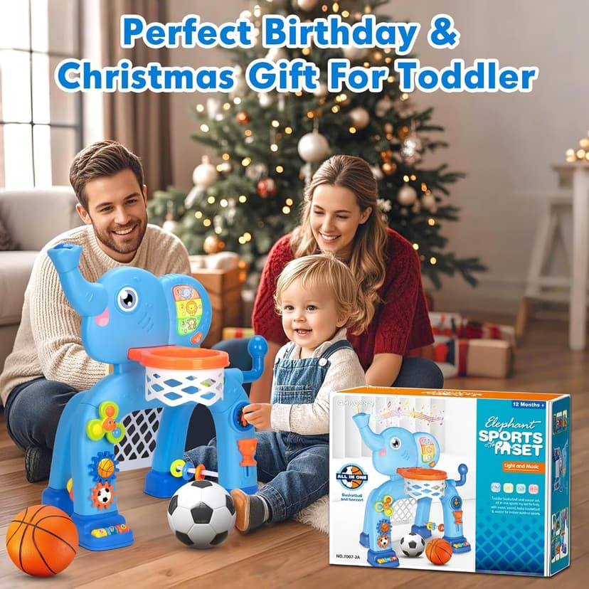 Toddler Basketball Hoop & Soccer Goal, Toys for 1 2 3 Year Old Boys Girls, Kids Sports Toy with Light Sound Music, Montessori Toys for Baby 12-18 Months, Christmas Birthday Gifts for Ages 1-3(Blue）