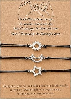 GUMOTCY 3 PCS Friendship Bracelets for 3 Best Friend Couples with Moon Sun Star Adjustable Handmade Cord Relationship Bracelets