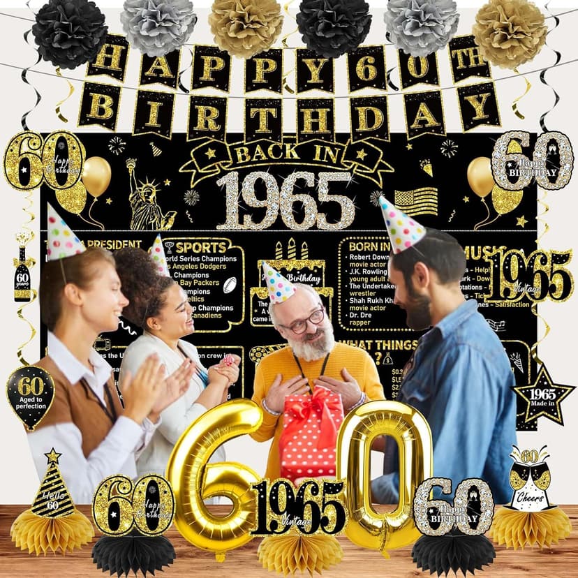 Zirtorei 60th Birthday Decorations for Men, 21pcs Vintage 1965 Banner Party Supplies, Black Gold 60 Year Old Birthday Backdrop, 60 Birthday Honeycomb Centerpiece Hanging Swirls Balloon Sash Gifts