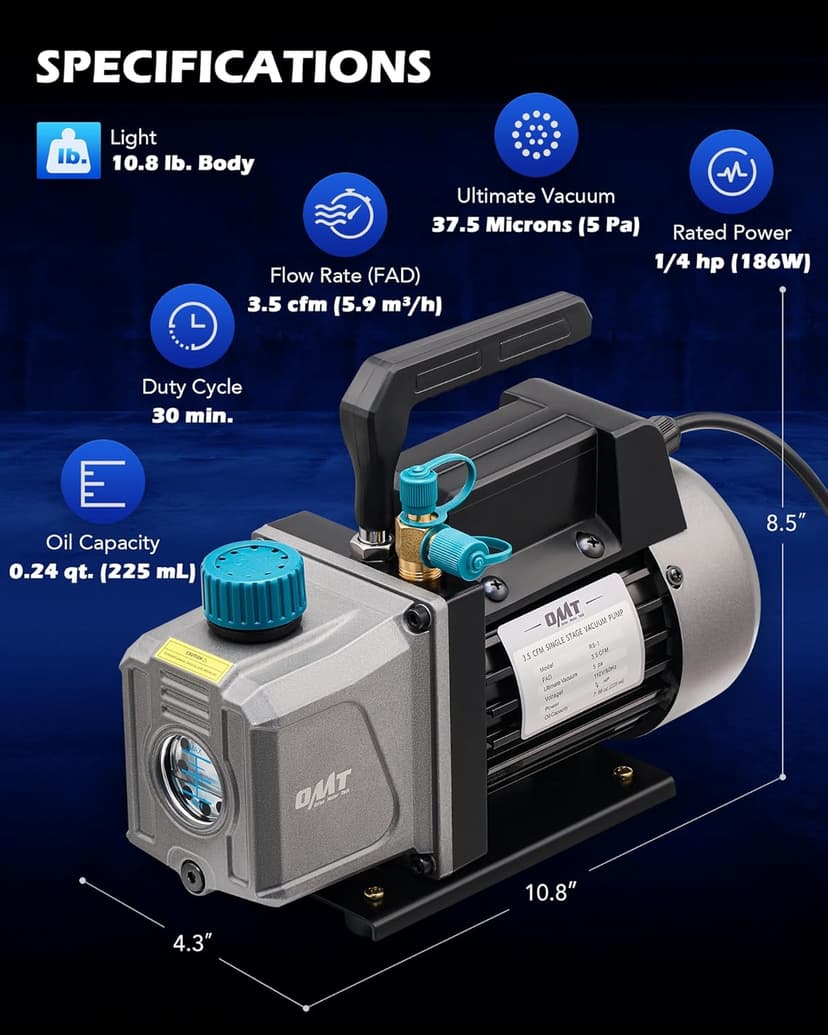 Orion Motor Tech Vacuum Pump, 3.5 cfm 1/4 hp HVAC Single Stage Vacuum Pump for R12 R22 R134a R410a R502, Auto AC Vacuum Pump Kit for Automotive Air Conditioner Resin Degassing & More, Oil Included
