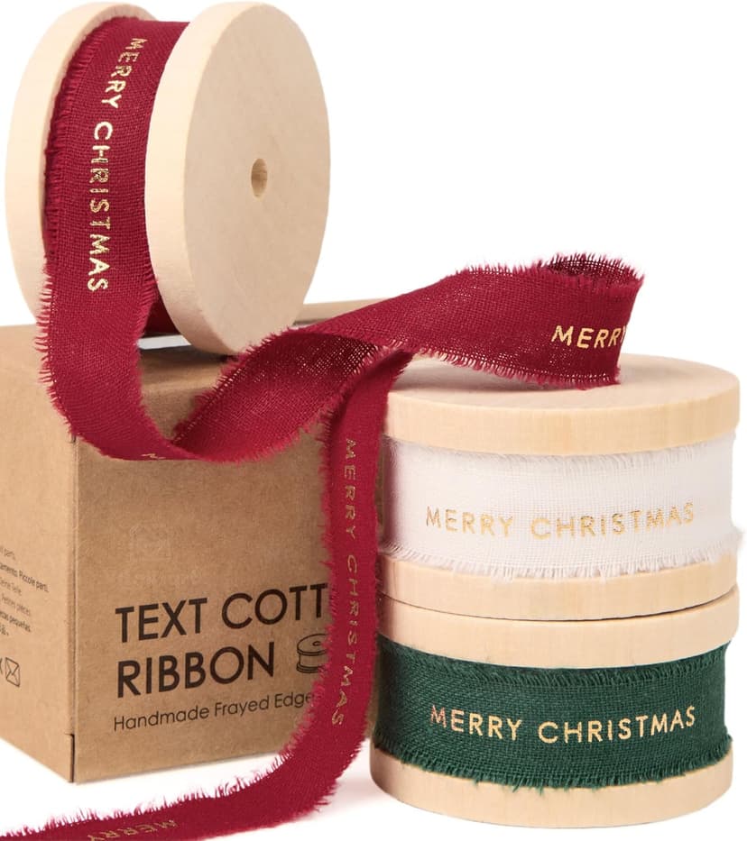 Vitalizart Merry Christmas Ribbon 5/8 Inch Natural Cotton Handmade Frayed Fringe Ribbons 15 Yd for Gift Wrapping Crafts Flower Wreath Garland Holiday Decorations Green Red White