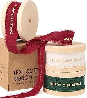 Vitalizart Merry Christmas Ribbon 5/8 Inch Natural Cotton Handmade Frayed Fringe Ribbons 15 Yd for Gift Wrapping Crafts Flower Wreath Garland Holiday Decorations Green Red White