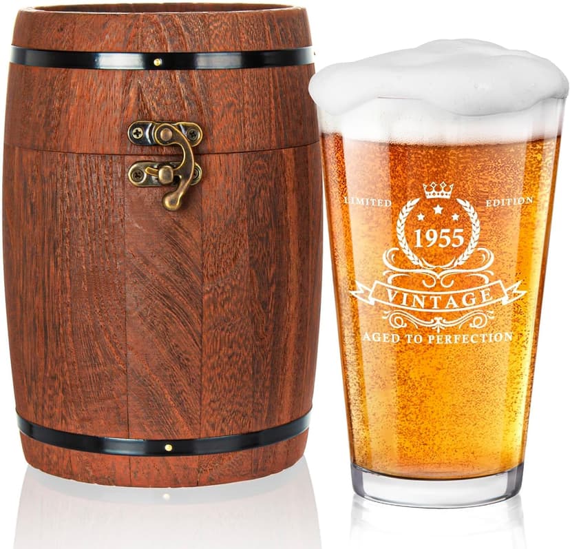 LIGHTEN LIFE 70th Birthday Gifts for Men 16oz,1955 Beer Glass in Barrel Box,70th Birthday Beer Glass,70th Birthday Gift Ideas,1955 Pint Glass for 70 Years Old Dad,Husband,70th Beer Glass