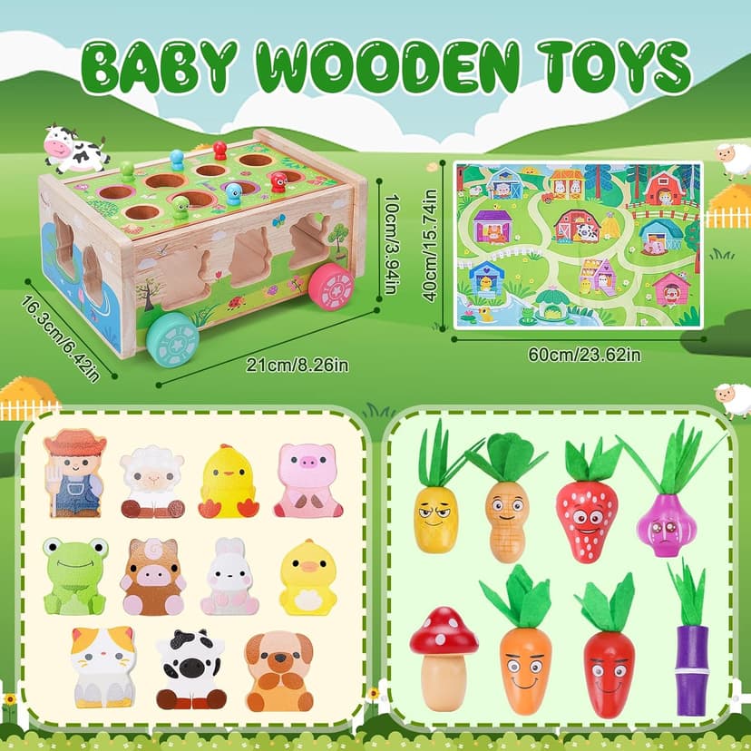 Toddler Montessori Wooden Farm Toys | Babies 12-18 Months Toy with Game Map for 1 2 3 Year Old Boys Girls | 1st First Birthday Gifts for 1-2 Years | Wood Learning Educational Toys Fine Motor Skills
