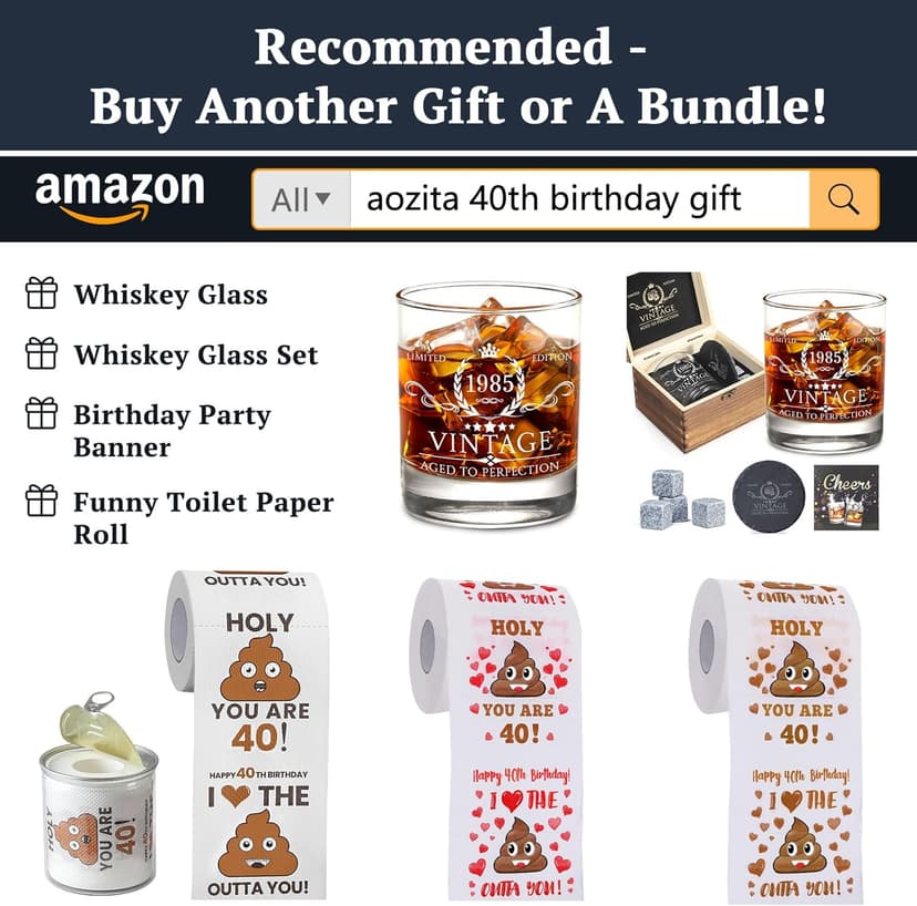 40th Birthday Gifts for Men Whiskey Glass Set - 40th Birthday Decorations, Party Supplies - 40 Year Anniversary, Bday Gifts Ideas for Him, Dad, Husband, Friends - Wood Box & Whiskey Stones & Coaster