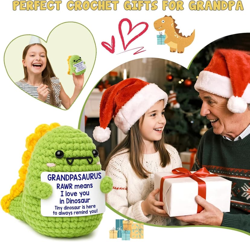 OCCdesign Mini Christmas Birthday Gifts for Grandpa from Granddaughter Grandson I Love You Grandpa Best Ever Papa Gifts Handmade Crochet Cute Small Dinosaur for Grandfather Grandparents Day