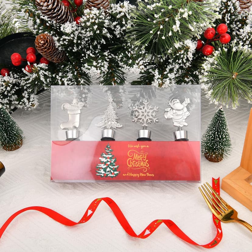 4PCS Christmas Wine Bottle Stoppers, Alloy Xmas Wine Bottle Stoppers for Keeping Wine Fresh,Wine Accessories Gift for Hostess Christmas Bottle Corkers,Winter Decor Bottle Stopper Holiday Party Supplie
