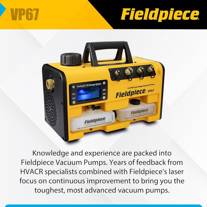 Fieldpiece VP67 Vacuum Pump – 6 CFM, 1/2 HP DC Motor, RunQuick Oil Change System – Portable - Professional HVAC Tool - A2L Compatible