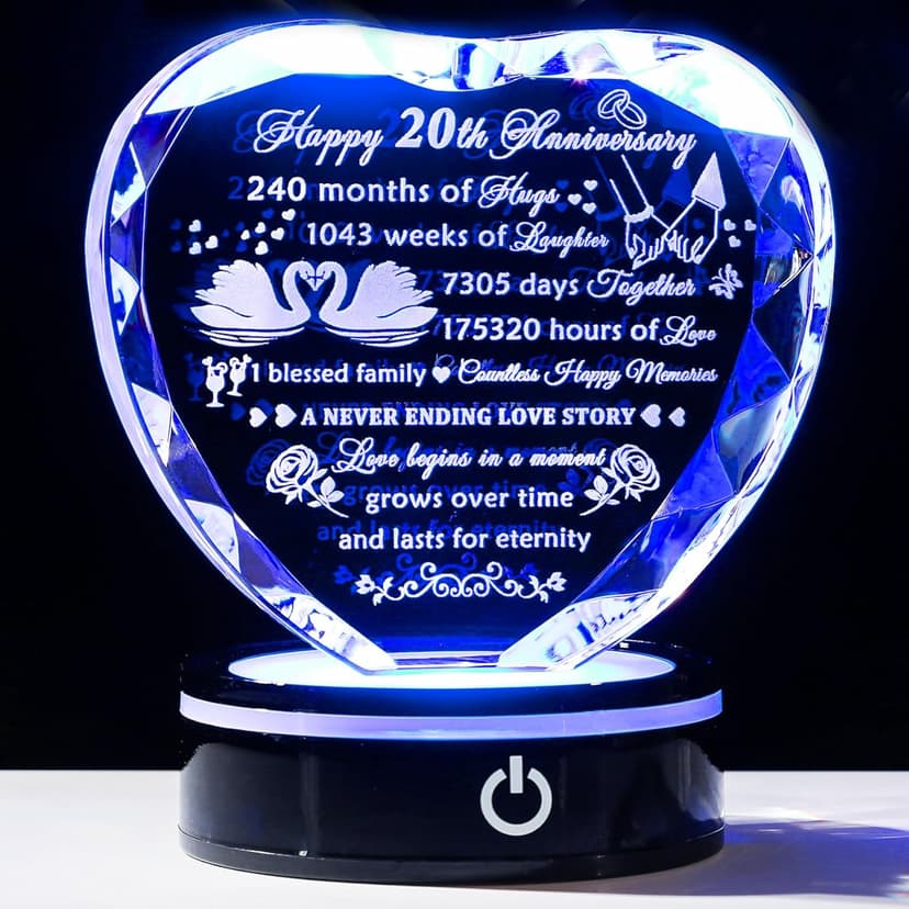 YWHL 20th Anniversary Crystal Heart Gifts for Wife Husband, Laser Engraved Romantic 20 Year Wedding Anniversary Crystal Keepsake Gifts for Her Him, 20 Years of Marriage Gift for Couples Friends