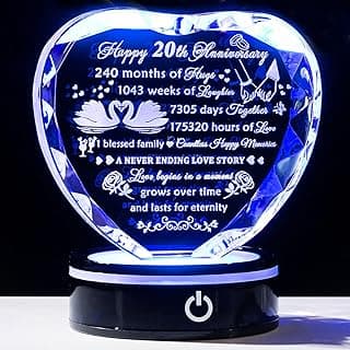 YWHL 20th Anniversary Crystal Heart Gifts for Wife Husband, Laser Engraved Romantic 20 Year Wedding Anniversary Crystal Keepsake Gifts for Her Him, 20 Years of Marriage Gift for Couples Friends