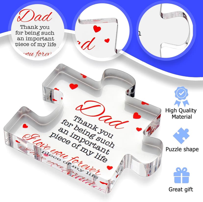 Fathers Day Dad Birthday Gift - Engraved Acrylic Block Puzzle Gifts for Dad 3.35 x 2.76 inch - Cool Father's Day Presents from Daughter, Son, Mom - Heartwarming Men Birthday Gift, Ideas