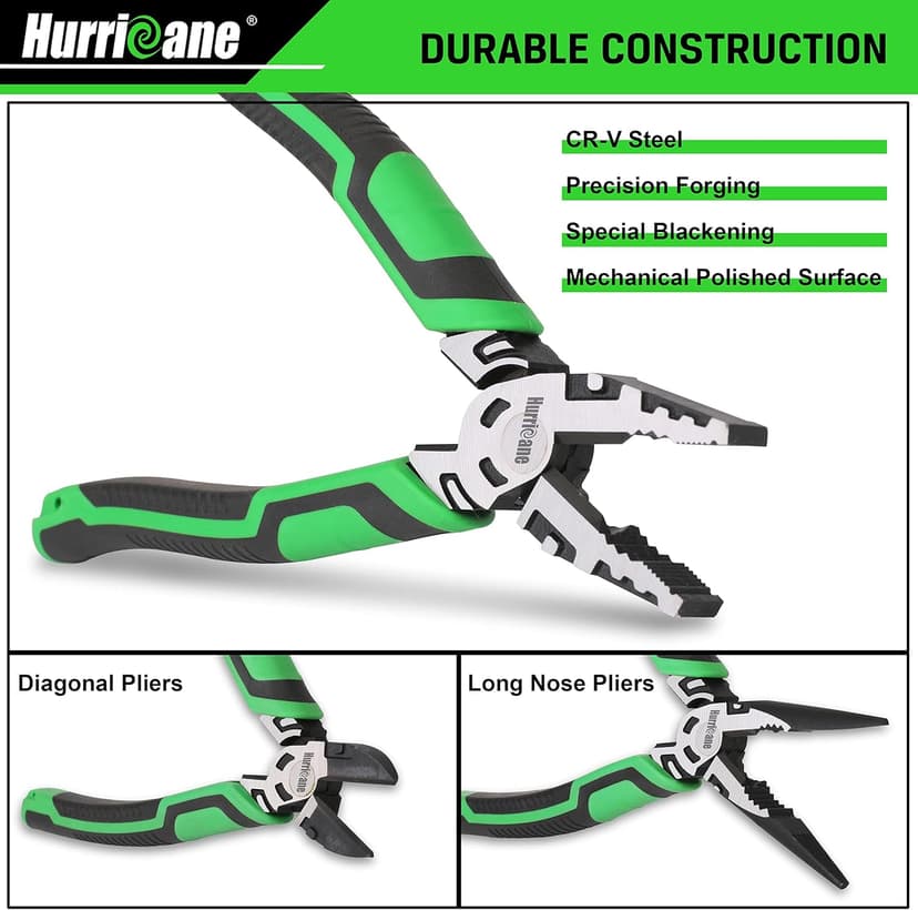 HURRICANE 3-Piece Pliers Set - Heavy-Duty with 8-Inch Linesman, Needle Nose Pliers and 6-Inch Diagonal Cutters for Basic Repair