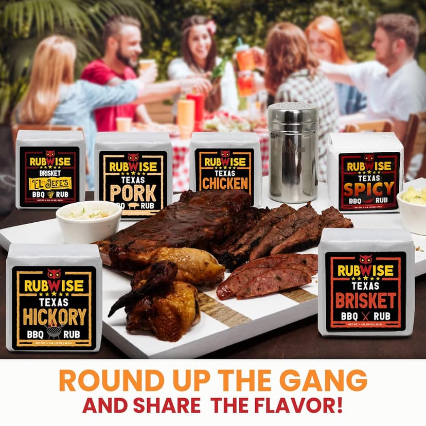RubWise Texas Style BBQ Rub Gift Set (6 x 1 lb bags) | Meat Spice and Seasoning Variety Pack | Smoking & Grilling Gifts for Men | Brisket Rubs, Chicken, Pork, Hickory, Spicy, El Jefe | Shaker Included