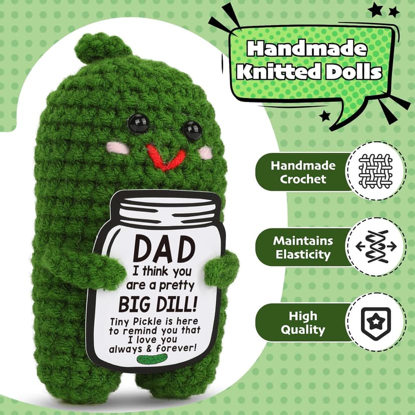 Fathers Day Gifts from Daughter or Son - Funny Crochet Pickle Plush with Big Dill Card - Unique Handmade Gift for Dad, Birthday, Christmas, New Dad Present