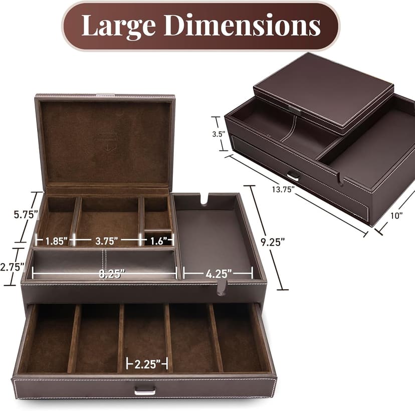 Mens Watch Box Leather Valet Tray - Bedside Table Organizer, Men's Jewelry Box, Watch Case for Men with Large Smartphone Charging Station - Jewelry Box for Men with Valet Box and Nightstand Organizer