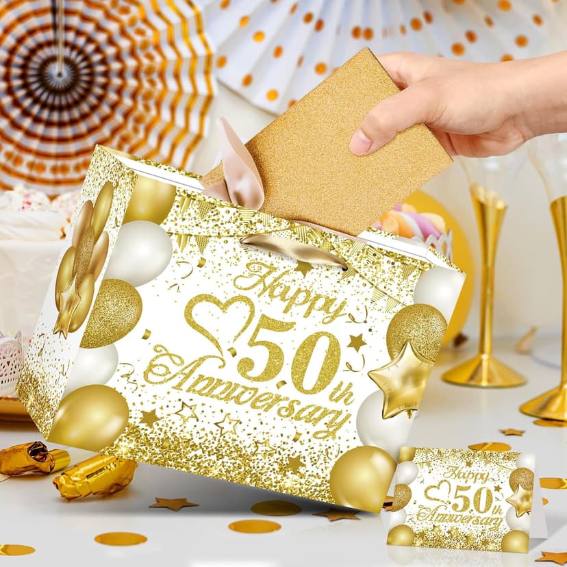 50th Anniversary Paper Gift Bag - White Gold Wedding Gift Wrapping Bag with Tissue Papers & Card - Perfect for Golden Wedding Anniversary or Christmas Decor