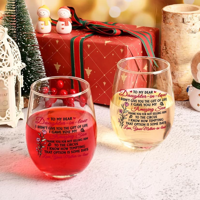 Futtumy Funny Daughter in Law Gifts, To My Dear Daughter-in-laws Stemless Wine Glass for Son's Wife, Mothers Day Birthday Christmas Gifts from Mother-In-Laws, 17 oz