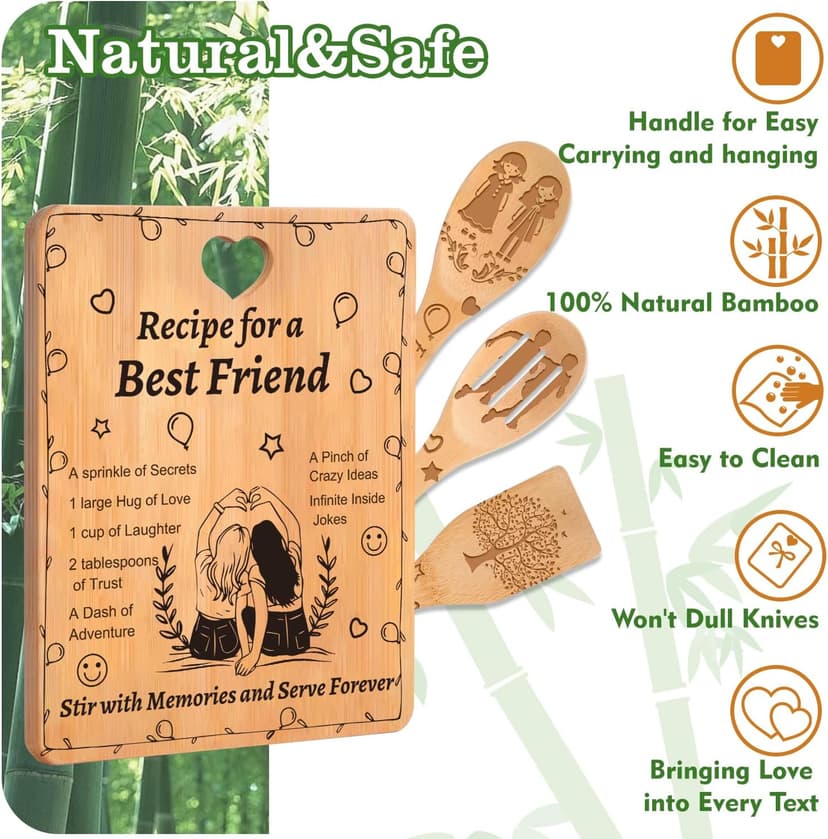 Best Friend Birthday Gifts for Women - “Recipe for a Best Friend” Bamboo Cutting Board Set, Engraved with Inside Jokes & Secrets - Bestie Gifts for Graduation, Long-Distance, Housewarming & Christmas