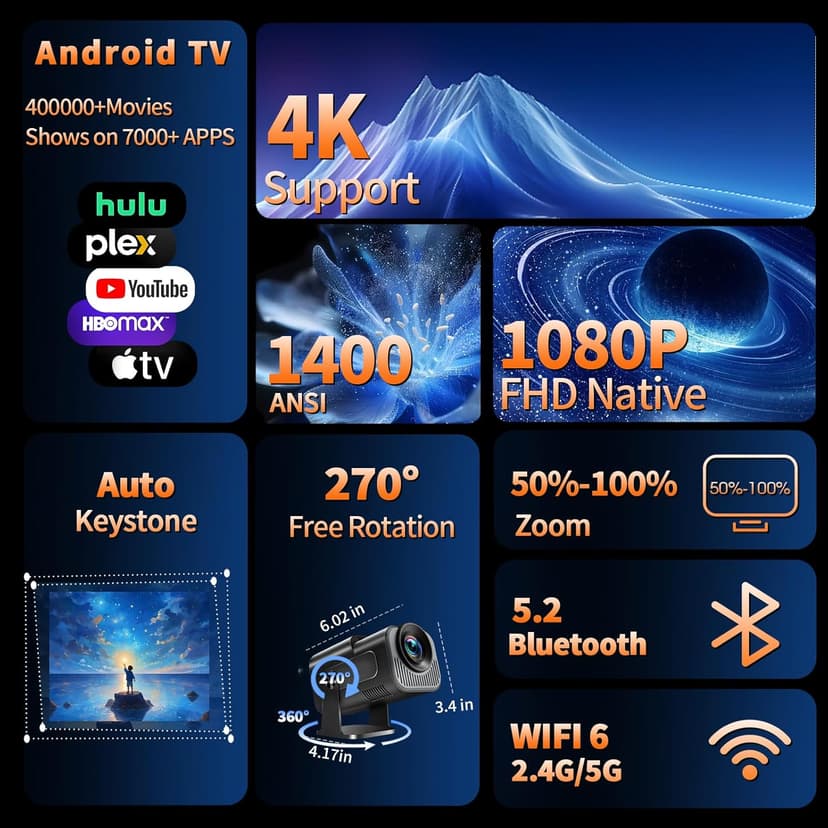 【Built-in Apps】Projector 1080P Full HD, 4K Projector with 270° Rotation,Portable Projector WiFi 6 & Bluetooth 5.2 Support,Featuring Auto Keystone Correction,HDMI/USB Connectivity Projector Black