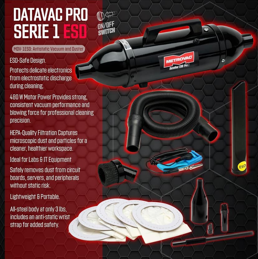 METROVAC DataVac® ESD Safe Pro Series MDV-1ESD, Compact Computer Vacuum & Blower for Electronics, Anti-Static, HEPA Filtration, and Durable