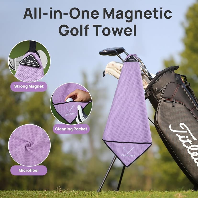 Magnetic Golf Towel for Bag 18" x 18" with Clip Exclusive Cleaning Pocket Microfiber Waffle Ultra Absorbent Club Ball Cleaner Essential Golf Accessories and Gifts for Women(Purple 1 Pack)