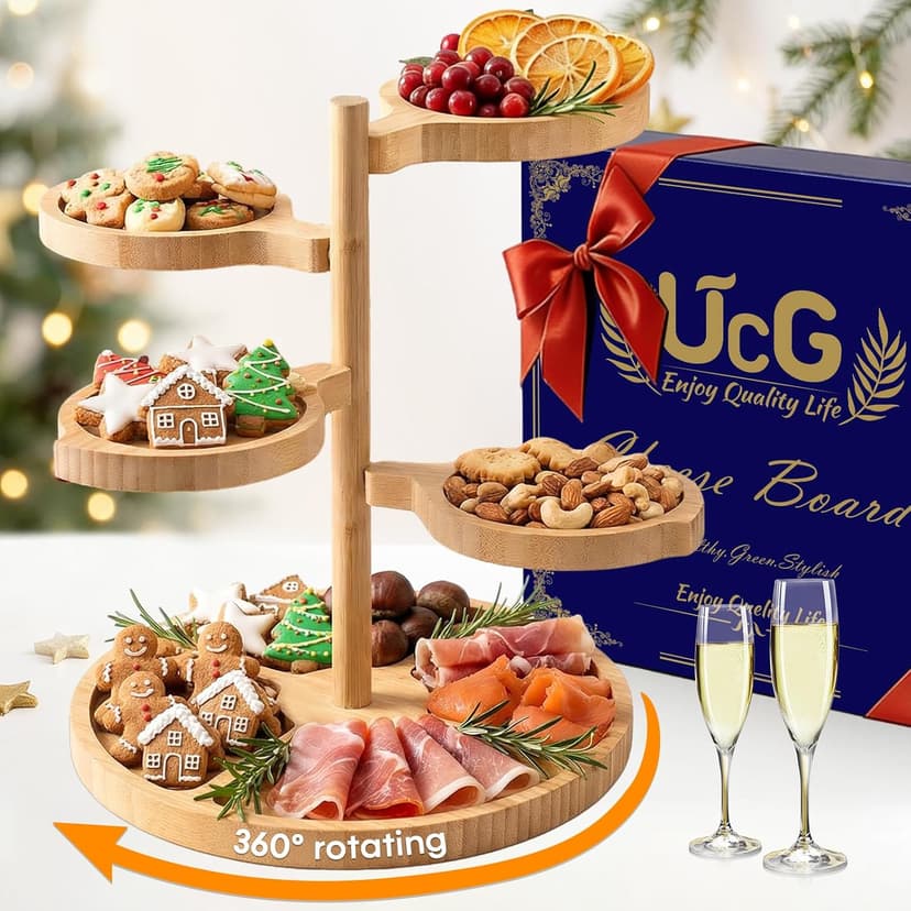 Tiered Charcuterie Board Gift for Women: Bamboo 360° Rotating Round Base with 4 Swivel Trays - White Elephant Gift, Holiday Hosting, Christmas, Birthday, Parties, House Warming Gift for Couples
