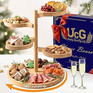 Tiered Charcuterie Board Gift for Women: Bamboo 360° Rotating Round Base with 4 Swivel Trays - White Elephant Gift, Holiday Hosting, Christmas, Birthday, Parties, House Warming Gift for Couples