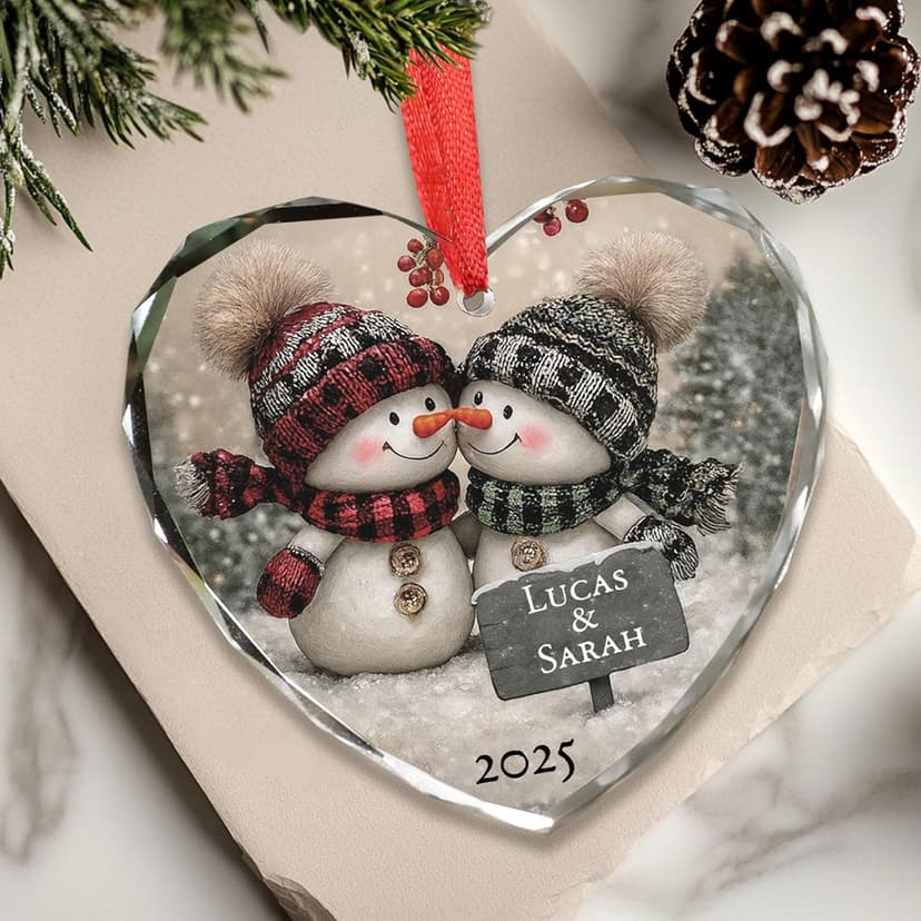 Noni Personalized Couple Heart Glass Ornament, Custom Names Printed and Year 2025, Snowman Couple Art Clear Faceted Tree Keepsake, Gifts for Couples, Gifts for Christmas