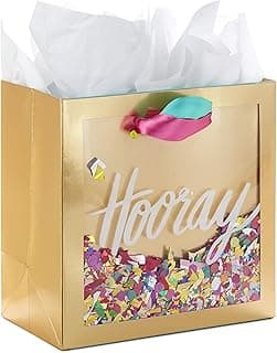Hallmark Signature 7" Medium Gift Bag with Tissue Paper (Hooray; Gold with Pink, Teal, Purple Confetti) for Bridal Showers, Graduations, Retirements and More