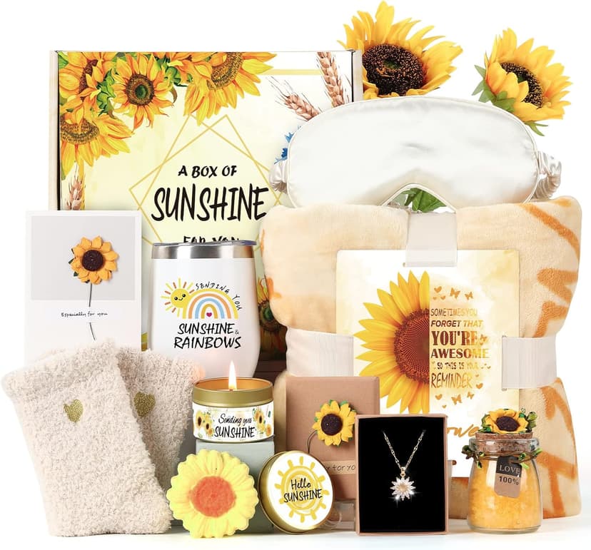 Sending Sunshine Gift, Sunflower Gifts for Women, Care Package, Birthday Gifts Box, Get Well Soon Gifts Basket Thinking of You Gift for Women, Friend, Sister, Mom with Inspirational Blanket