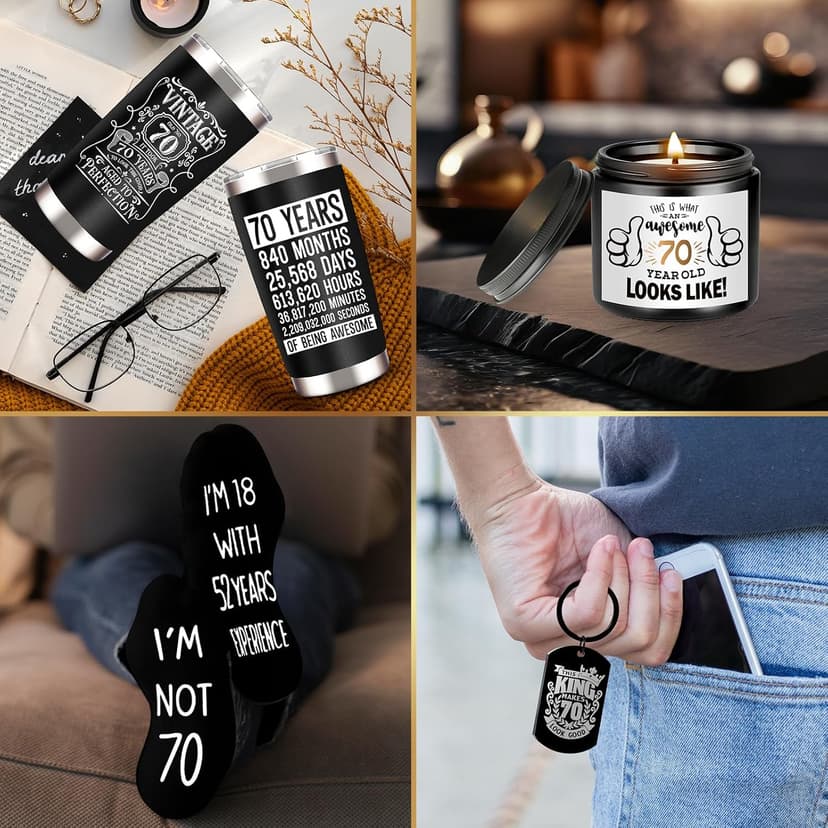 70th Birthday Gifts for Men - Unique Box with 20 Oz Tumbler, Scented Candle, Socks, Baseball Cap for Husband, Dad, Grandpa, Friends, Teachers, Boss