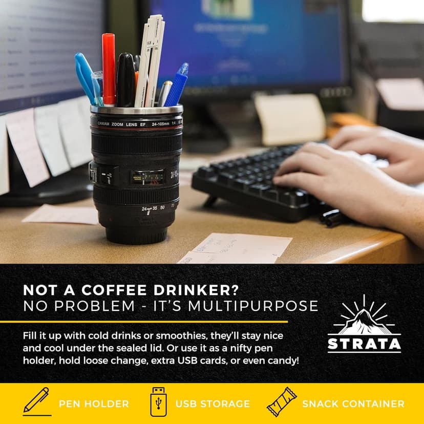 STRATA CUPS Camera Lens Coffee Mug -13.5oz | (2 LIDS + SPOON + BAG) Gift for Him, Dad Gifts, Photography, Camera accessories, Novelty Gifts