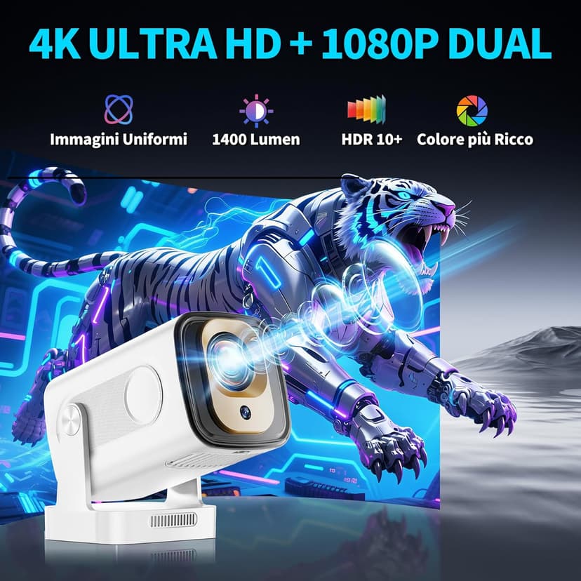 【Built-in Apps】Mini Projector 1080P with WiFi 6 and Bluetooth 5.4, 4K Full HD Projector Features Auto Focus & Keystone, Portable Projector Support 270° Rotatable, Compatible with Phone/HDMI/USB-White