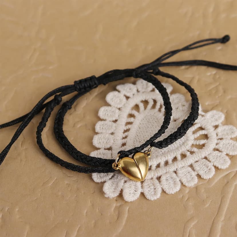 Matching Bracelets for Couples, Gold Heart Initial Friendship Adjustable Bracelet Women Cute Match Charm Letter Name Black Braided Rope Valentines Bf Gf Friends Jewelry Gift