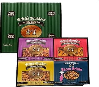Brittle Brothers Variety Gift Set : 4-8 oz. Box Pack Voted #1 Peanut Cashew Pecan Bacon Corporate Candy Snack Birthday Sampler Christmas Mother Father