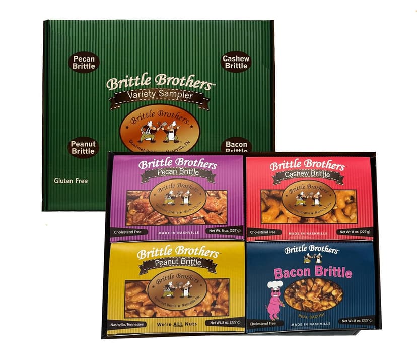 Brittle Brothers Variety Gift Set : 4-8 oz. Box Pack Voted #1 Peanut Cashew Pecan Bacon Corporate Candy Snack Birthday Sampler Christmas Mother Father