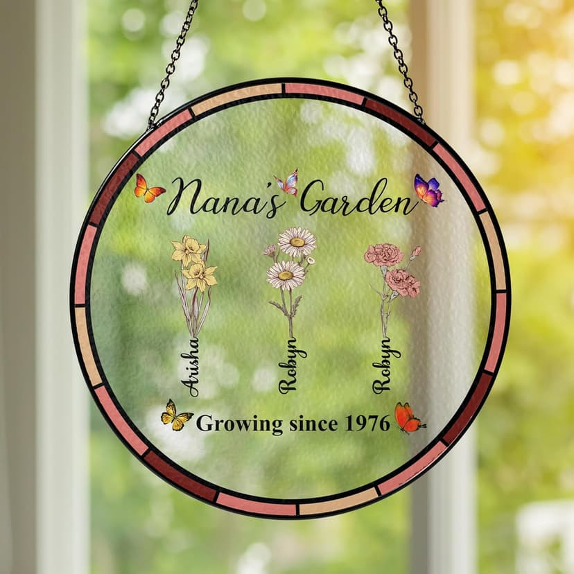NAZENTI Personalized Mom's Garden Stained Glass Suncatcher with Birth Month Flowers, Custom Grandma's Garden Window Hanging Ornament, Mothers Day Grandma Mom Gifts, Gifts for Mommy, Mama