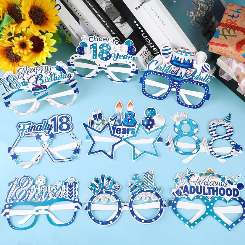 Konsait 18th Birthday Glasses - 18 Pack Blue Silver Paper Glasses 18th Birthday Gifts for Boy, Party Decorations, Accessories & Photo Props
