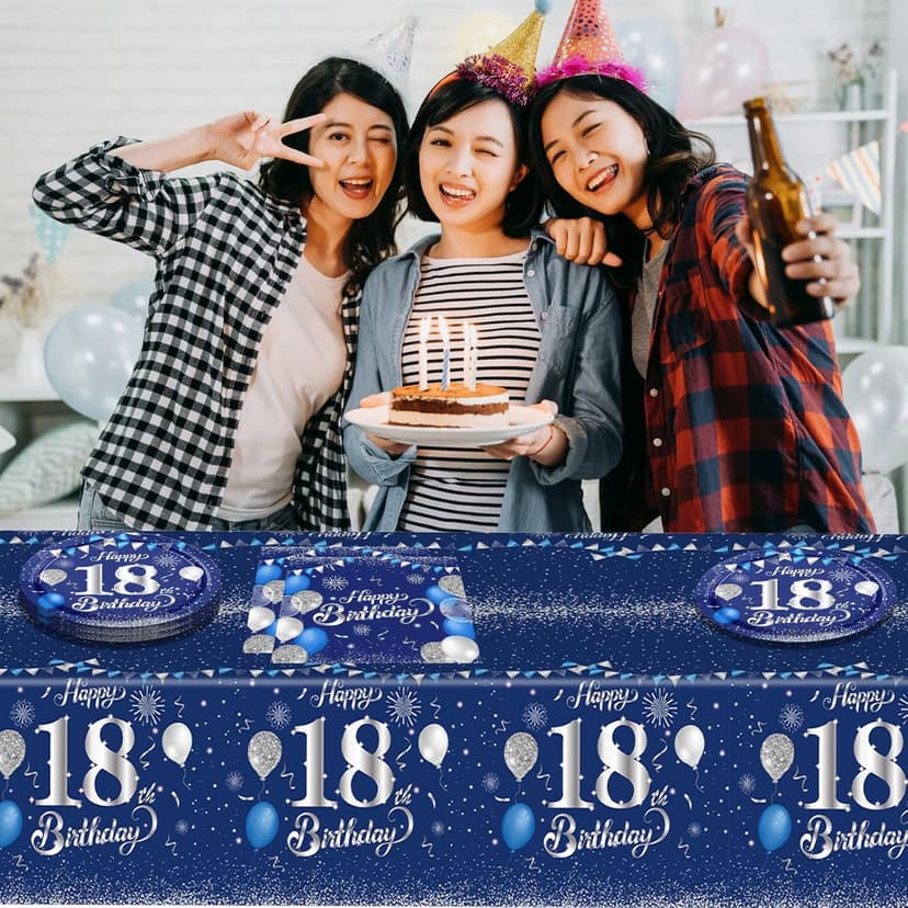 Blue 18th Birthday Decorations for Boys Girls Navy Blue Silver Happy 18th Birthday Napkins Tablecloth Plates for 18th Birthday Anniversary Party Supplies Year Old Party Decorations