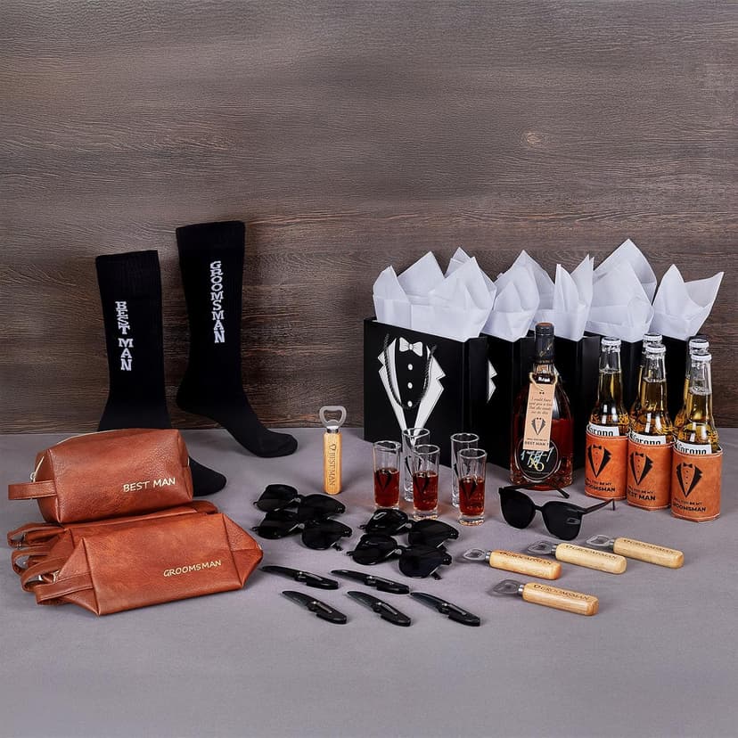 60Pcs Groomsmen Gifts Groomsmen Proposal Box with Shot Glasses Socks Sunglasses PU Leather Toiletry Bag Bottle Opener Can Cooler Groomsman Gifts for Wedding Groomsmen Best Man Gift (60, Brown)