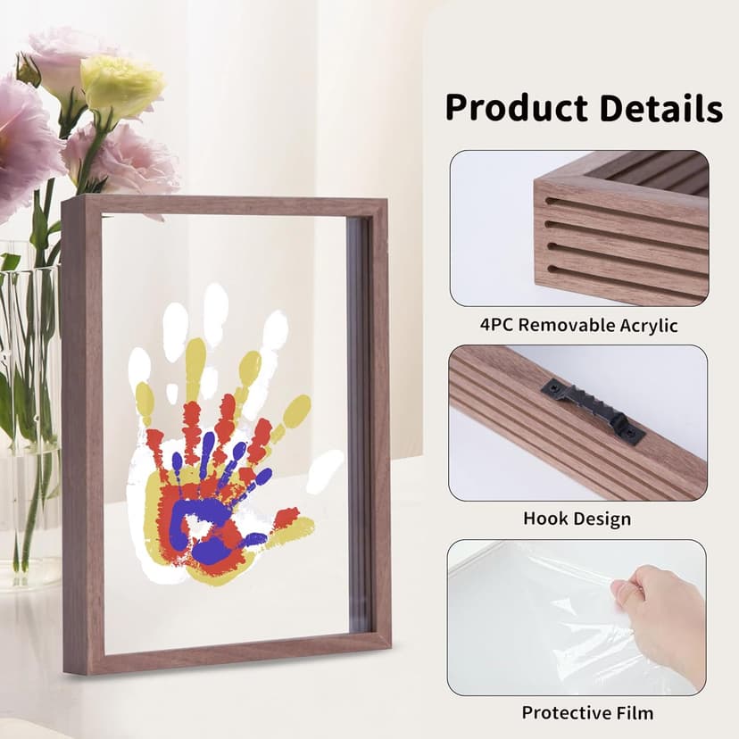 Family Handprint Kit, DIY Craft Keepsake Wooden Frame, Endless Gift Set, Non-Toxic Paints, Transparent Sheets (Brown)